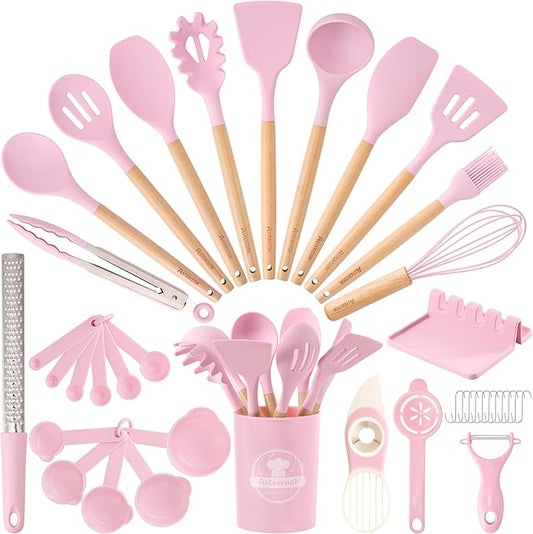 Astercook Kitchen Utensils set, 39 PCS Silicone Cooking Utensils Set with Wooden Handle, 446°F Heat Resistant Food Grade Utensil Sets, BPA Free Kitchen Gadgets Tools Set for Nonstick Cookware (Pink) by Astercook