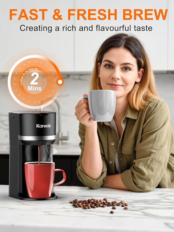 Single Serve Coffee Maker for Coffee Pods and Grounds, Fast Brew, 6-12 oz Brew Sizes Single Cup Coffee Maker Fits 5.5" Mugs, One-Button Small Coffee Maker, Descaling Reminder,Black,9.45 Inches - Image 3