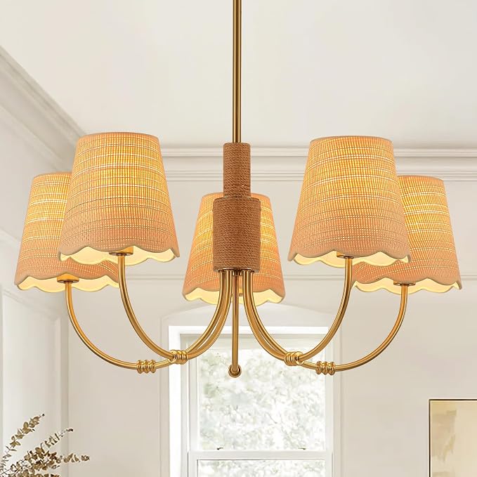 Boho Rattan Chandelier with Fabric Shade, Antique Gold Brass Farmhouse Chandeliers, 5-Lights Coastal Gold Pendant Light Fixtures for Dining Room Kitchen Island Living Room Hemp Rope by SUETONG