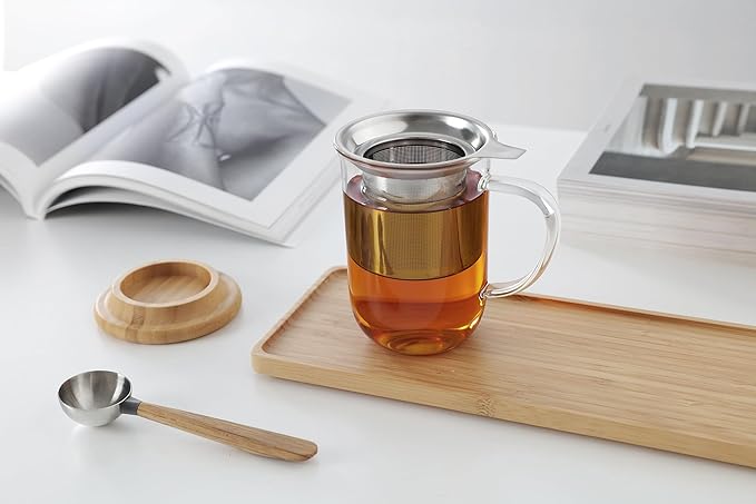 VIVA Minima Balance Glass Infuser Tea Cup - 17 oz / 500 ml Mug with Stainless Steel Infusion Mesh and Bamboo Wood Lid