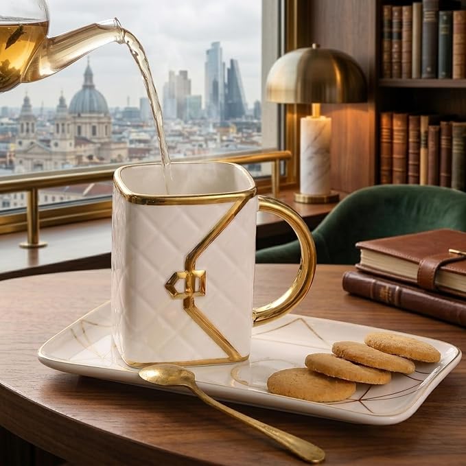 White Handbag Coffee Mug and Saucer,10 Oz Ceramic Purse Tea Cup Gift Set | White,Handbag-shaped,10 oz,ceramic coffee mug with saucer,tea cup design,or women,men,Father's Day and Thanksgiving - Image 5