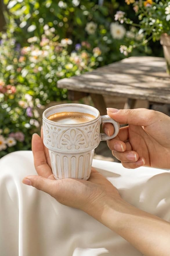 LYEOBOH Cappuccino Cups, Espresso Cups, Coffee Mugs Set of 6, Ceramic Cup, 6 OZ Beige Stackable Mug Set of 6, Easy To Clean Comfortable Handle for All Ages, Great for Party Dinner & Festival Gifts - Image 4