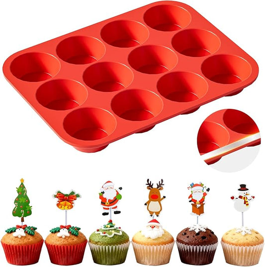 Silicone Cupcake Pan with Christmas Topper: 12 Cup Muffin Pan with Metal Reinforced Frame, Regular Size Cupcake Tray for Baking, BPA Free Silicone Muffin Tray, Dishwasher Safe (1 Pack, Red)