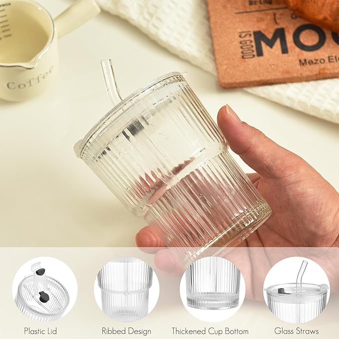 Haundry 14 oz Ribbed Glass cups with Lids and Straws, 2 Pack Iced Coffee Cups, Thickened Glassware Set, Ripple Design Glass Cups for Coffee, Soda, Smoothies, Cocktails and Juice