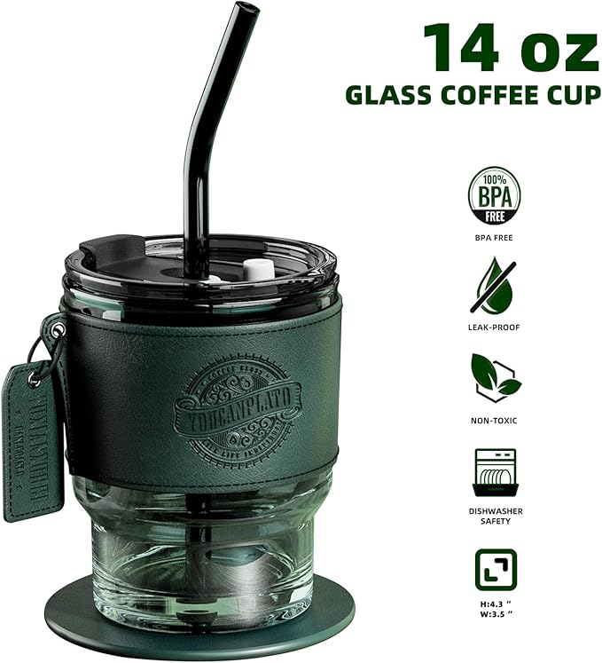 14 oz Glass Tumbler with Straw and Lid,Coffee Cup,Glass Cups,Coffee Mug,Iced Coffee Cups with Lids,Tea Cup,Juice Glasses,Water Glasses,Smoothie Cups,Vintage Drinking Glasses with Sleeve and Coaster