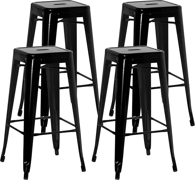 4-pcs 30-inch Backless Metal Bar Stool Stackable Heavy-Duty Counter-Height Chair for Home Bars Patios Kitchen Islands Cafes Restaurants Bistros and Dining Areas for Indoor & Outdoor, Black by Basicwise