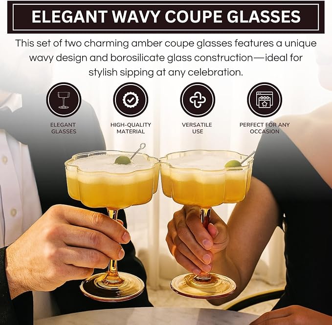 Flower Scalloped Vintage Wavy Petals Wave Glass Coupes 7oz Colorful Martini, Champagne & Cocktails, 2 Set Amber Rippled Champagne Glasses, Elegant Bar Glassware, Unique Aesthetic Coupe Glassware Gifts - Image 6