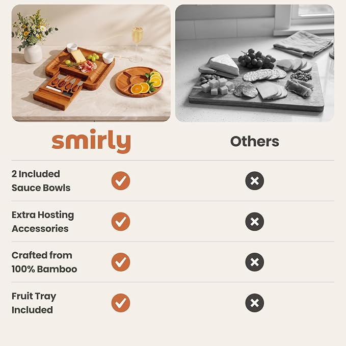 SMIRLY Charcuterie Board Set with Serving Accessories, Bamboo Brown | Housewarming and Wedding Gift for Couples, Designed for Movie Nights, Wine Nights and Serving Snacks at Home Gatherings - Image 6