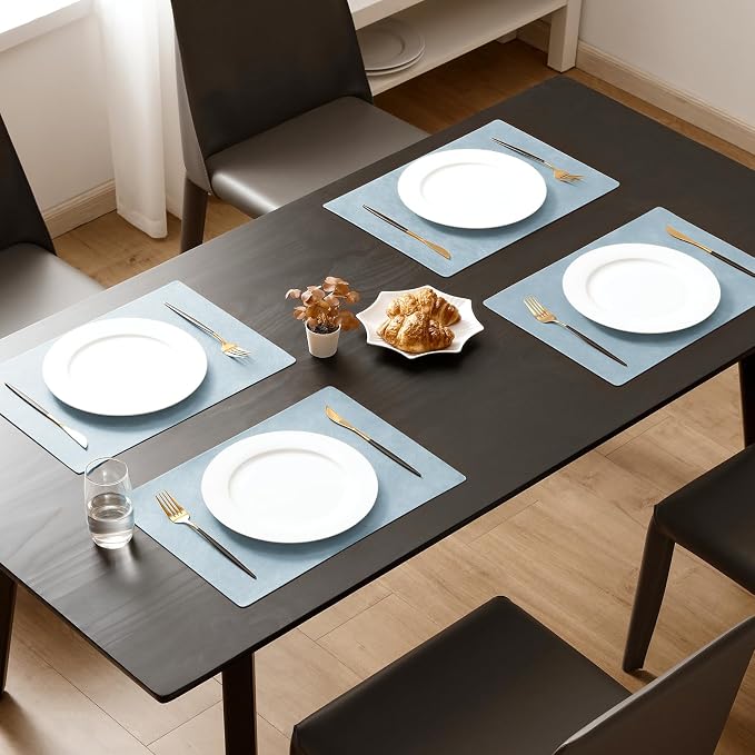 MOSAYT Vinyl Placemats Set of 12-12 X 17 Inch - Faux Leather 100% Waterproof Oil-Proof Wipeable PU Place Mats, Heat Resistant Reversible Table Mats for Kitchen, Dining, Outdoor, Light Grayish Blue - Image 2