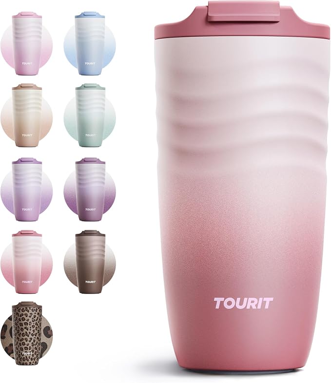 TOURIT 16 oz Travel Coffee Mug, Vacuum Insulated Stainless Steel Tumbler with Ripple-Wave Anti-Slip Grip, Built-in Silicone Bottom for Quiet & Stable, Leak-Proof Lid, Fits Car Cup Holder, Rose by TOURIT