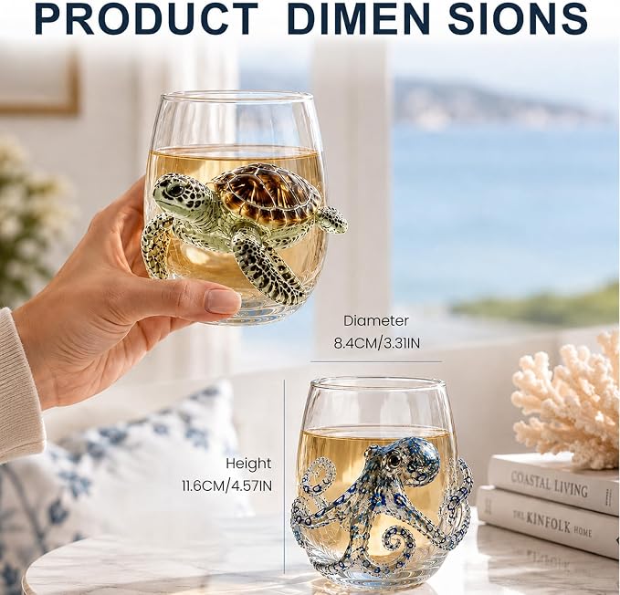 Coastal Stemless Wine Glasses Set of 4, 12oz 3D Ocean Animal Artisan Glassware Collection with Unique Sea Life Designs (J - Set of 2) - Image 3
