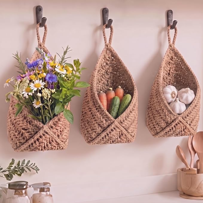 Honeydak Boho Decor Hanging Wall Baskets for Kitchen 3 Pack Teardrop Baskets with Hooks Storage Fruit Onion Vegetable Potato for Home 3 Sizes(Linen,Triangle,Jute) - Image 2