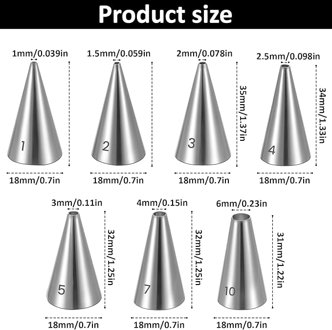 7 PCS Piping Tips, Cake Decorating Kit Extra Fine Stainless Steel Meringue Icing Tips Piping Nozzles Round Hole Icing Tip Cupcake Frosting Nozzles for Buttercream, Birthday Cake, Cupcake, DIY Art