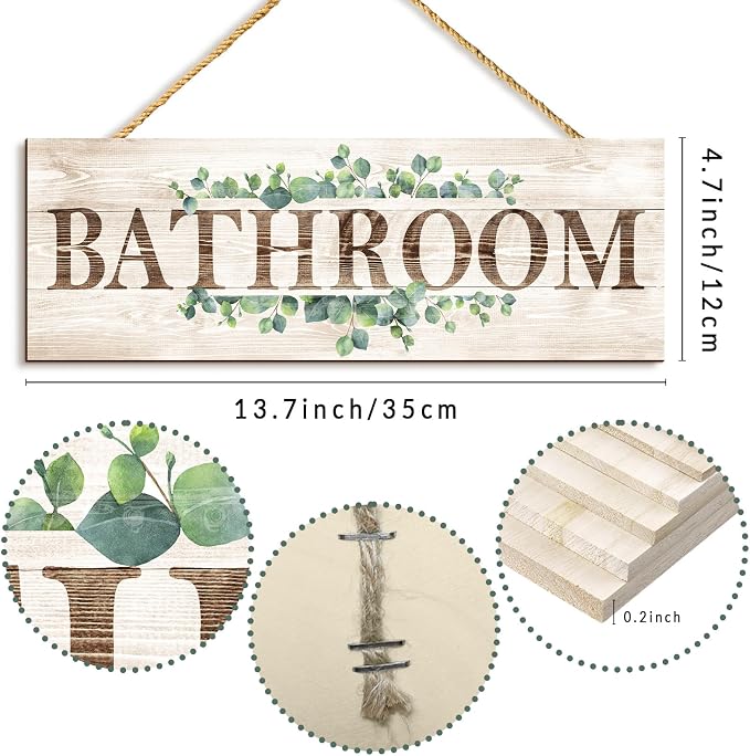 Bathroom Sign Wall Decor, Bathroom Wall Art, Rustic Farmhouse Wall Hanging Plaque Home Decorative Bathroom, 4.7 x 13.7 inches - Image 3