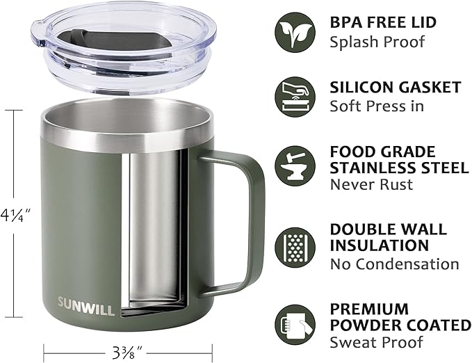 SUNWILL Travel Coffee Mug with Lid, Insulated Tumbler with Handle, 14 oz Stainless Steel Cup for Home, Office, Camping, Powder Coated Camp Green - Image 2