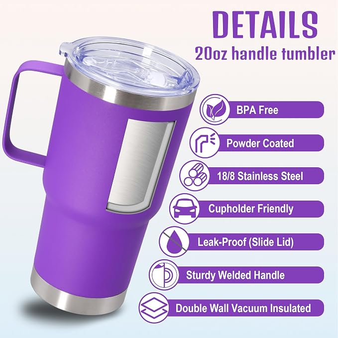 20 oz Tumbler with Handle and Lid Insulated Travel Coffee Mug Purple 1P | Stainless Steel Tumbler, coffee tumbler with handle,Spill Proof Double Wall Vacuum Tumbler Cup Keep Drink Hot & Cold - Image 3