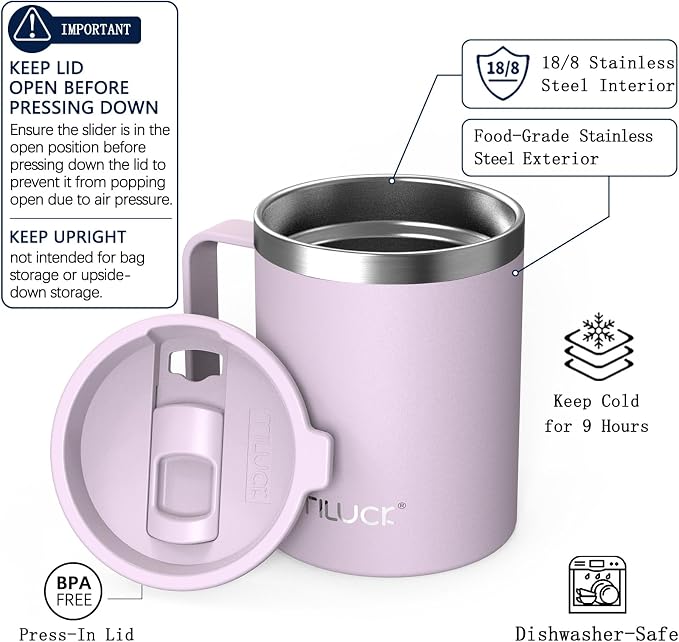 TILUCK 12 oz Insulated Coffee Mug with Lid and Handle | BPA-Free Lid, Double-Wall Vacuum Insulation, Stainless Steel Coffee Cup,Dishwasher Safe Mug for Hot & Cold Drinks,LightPurple - Image 2