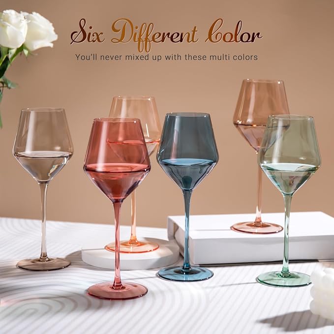 Colored Wine Glasses Set of 6 | 16OZ Colorful Wine Glass with Stem【HandBlown】Muted Wine Glasses Colored Set,Wine Gifts for Home Party - Image 2
