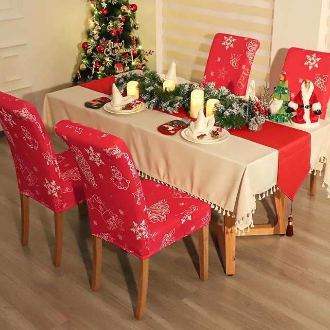 FORCHEER Dining Room Chair Covers 4 Chirsmas Stretch Kitchen Chair Slipcovers Set of 4 Washable- Christmas Red - Image 2