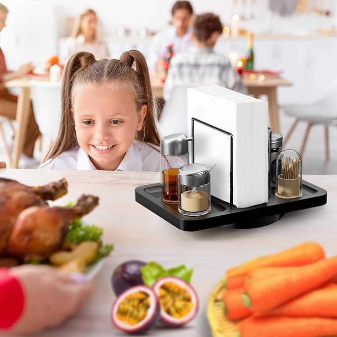 Rotating Napkin Holder for Table with Salt Pepper Shakers Caddy, Black | Bamboo Standing Napkin Dispenser, Metal Paper Napkin Storage for Bathroom Home Kitchen Farmhouse Decor Not Including Shakers - Image 7