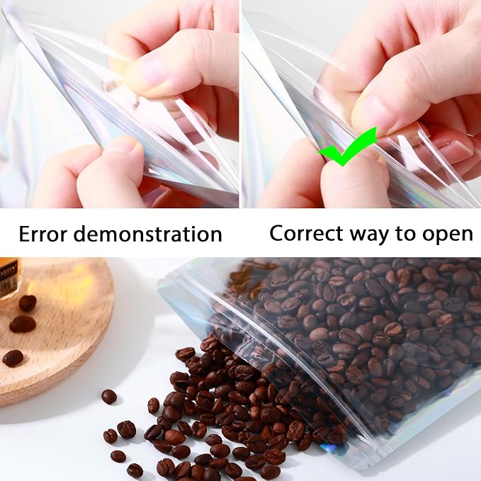 150 Pcs Mylar Bags for Food Storage, 6x9 Mylar Bag with Window Stand Up, Bulk Holographic Resealable Bags Smell Proof Bag Food Packaging for Small Business Freeze Dried Candy Jewelry Foil Packaging - Image 6