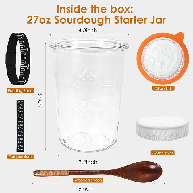 Sourdough Starter Jar Glass, Wide Mouth Sourdough Starter Jars, Sourdough Starter Kit with Wooden Spoon, Cloth Cover, Glass Lids, Sourdough Starter Jar 27oz for Sourdough Bread Baking Supplies