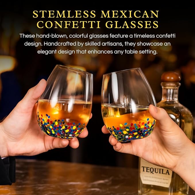 Large Stemless Wine Glasses – Set of 2-14oz Luxury Hand Blown Confetti Margaritas, Martini, Cocktails, Water, Wine, Dessert & Champagne Glasses Cinco de Mayo, Hand Blown - Mexican Confetti Glass - Image 3