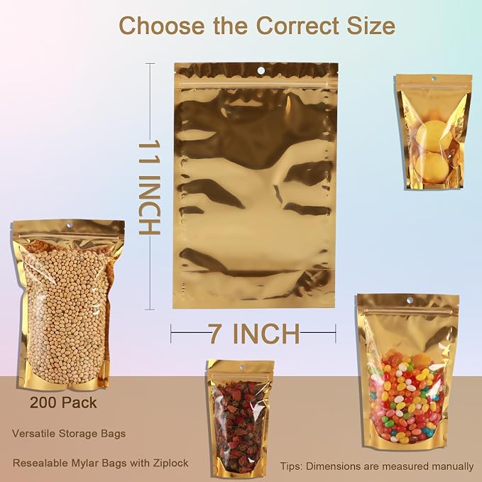 200 Pcs Mylar Bags for Food Storage, 7x10 Mylar Bag with Window Stand Up, Bulk Holographic Resealable Bags Smell Proof Bag Food Packaging for Small Business Freeze Dried Candy Jewelry Foil Packaging - Image 4