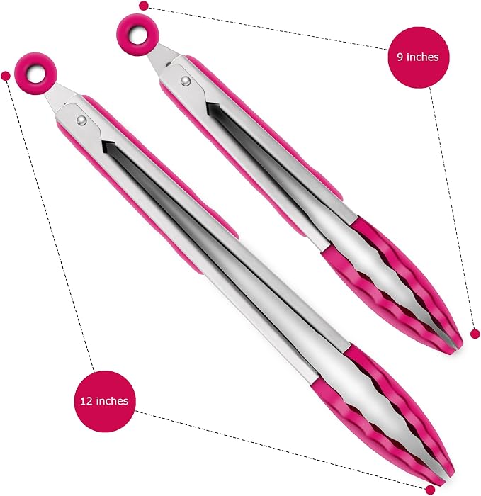 2 Pack Silicone Kitchen Tongs – 9" & 12" Set, Heat Resistant up to 500°F, Non‑Stick Cookware Safe, Wavy Silicone Tips, BPA Free, Locking Clip & Hanging Loop, Wine Red - Image 4