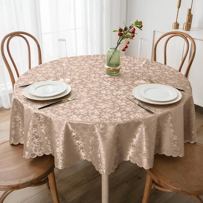 Smiry Round Waterproof Heavy Duty Vinyl Tablecloths, 70 x 70 Inch | Wipeable Washable Floral Embossed Table Cover for Kitchen and Dining Room, Indoor & Outdoor Use, Khaki by Smiry