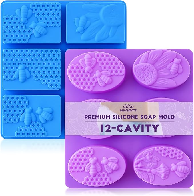 HKNMTT Silicone Bee Honeycomb Flower Oval Bar Molds, 6 Shapes 12 Cavities for Candy Soap Making Shower Steamer Homemade Bath Bomb Lotion Shampoo Bar Dessert DIY Set Non-stick Craft Food Grade 2 Pack by HKNMTT