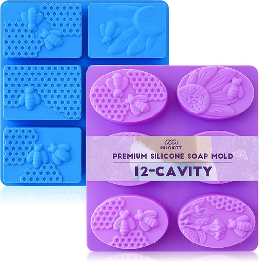 HKNMTT Silicone Bee Honeycomb Flower Oval Bar Molds, 6 Shapes 12 Cavities for Candy Soap Making Shower Steamer Homemade Bath Bomb Lotion Shampoo Bar Dessert DIY Set Non-stick Craft Food Grade 2 Pack by HKNMTT