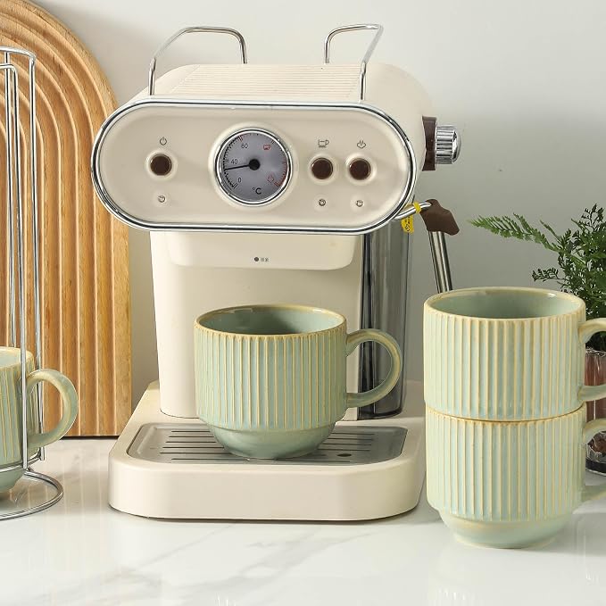 HASENSE Coffee Mugs with Metal Stand, Ceramic 15 Oz Stackable Coffee Cups Set of 4, Vertical Striped Latte Mugs with Holder, Space-Saving Mug Rack for Kitchen, Green - Image 5