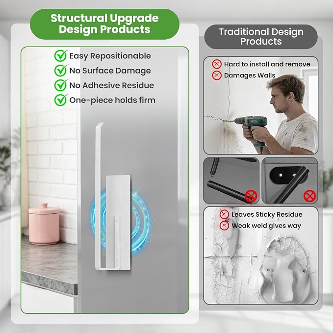 Paper Towel Holder Magnetic, Magnetic Paper Towel Holder for Fridge, Toilet Paper Roll Holder Magnet Towel Rack Wall Mount Shelf Bar for Towels Rolls Bathroom RV Dorm Kitchen Wall Decor, White 2 Pack - Image 7