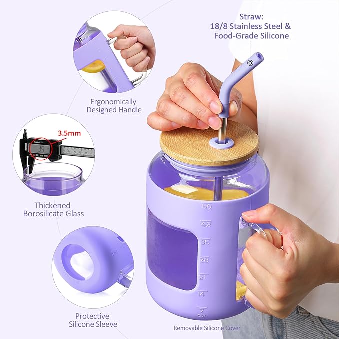 50 oz Glass Water Bottles with Silicone Sleeve,Glass Tumbler with Lid and Straw,Iced Coffee Cup with Handle,BPA Free-Purple