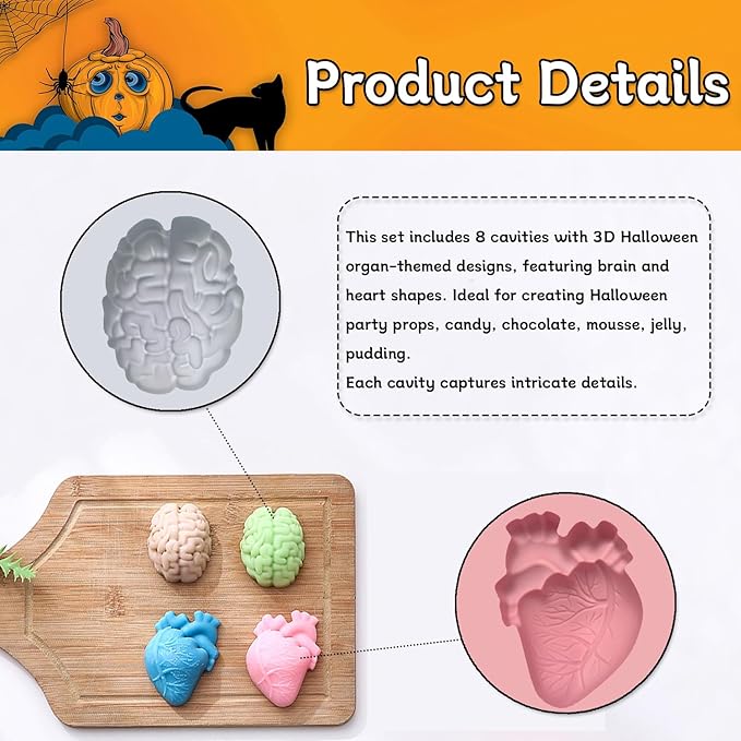 2 Pack 3D Human Brain Heart Silicone Molds, MaehSab Realistic Halloween Organ Shapes Molds for Chocolate, Pudding, Dessert, Jelly, Handmade Soap, Candle, Cake, Resin Craft Supplies
