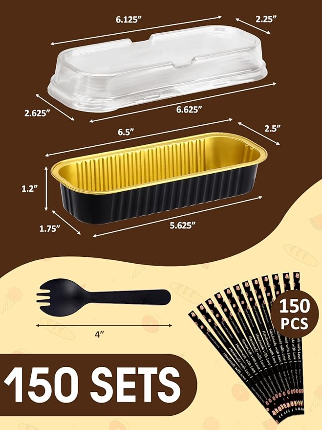 150 Pack 6.8 oz Disposable Mini Loaf Pans with Lids and Spoons - 6.5x2.5x1.2 Black Gold Aluminum Loaf Pans, Small Aluminum Tin Foil Baking Pan, Food Containers for Cakes, Bread, Loaves