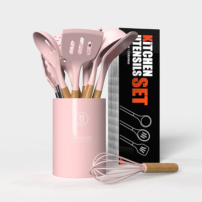 oannao Silicone Kitchen Utensils Set - 446°F Heat Resistant Cooking Utensil Sets, Spatula,Turner,Tongs,Spoon,Whisk, Wooden Handle Silicone Kitchen Gadgets Tools for Non-Stick Cookware BPA Free (Pink) - Image 5