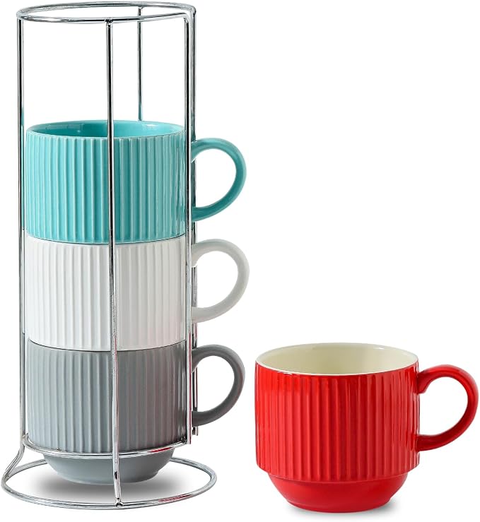 HASENSE Ceramic Coffee Mug Set of 4 with Rack - 15 oz Stacking Ribbed Latte Cups Set for Cappuccino, Tea, Hot Cocoa, Drinks - Wedding & Housewarming Gifts Assorted Colors by Hasense