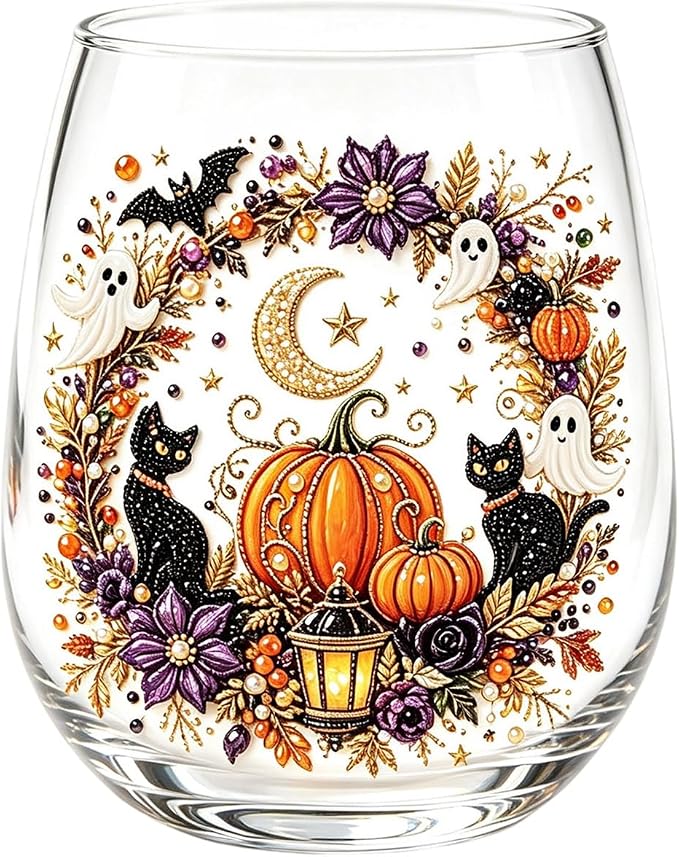 3D Halloween Autumn Glass Art Cup,Stemless Holiday Glassware Collection | Fantasy Fall Witch Wine Glasses,Holiday Printed Table Ornaments,Magical Halloween Home Decor Gifts for Various Beverages by Unknown