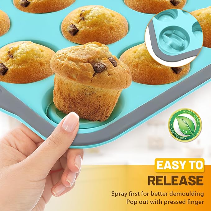 Silicone Muffin Pan, 12 Cups Non-Stick Cupcake Pan, Food-Grade BPA-Free Muffin Tin, Oven-Safe 450 °F, Reinforced Steel Frame, Easy-Grab Handles, Quick-Release 2.3" Baking Molds for Mini Treats - Image 4