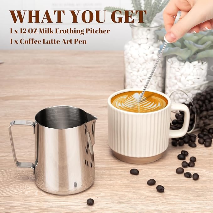 Amrules Milk Frothing Pitcher, 12oz Milk Frother Cup with Clear Scale, 304 Stainless Steel Cappuccino Espresso Machine Accessories for Barista Coffee Bar with Latte Art Pen, Silver - Image 3