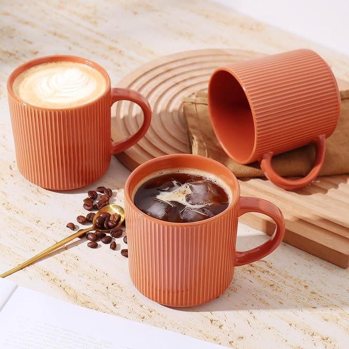 MONITO 16Oz Coffee Mugs Set of 6, Rustic Ceramic Coffee Cups Set with Large Handle, Vintage Striped Stoneware Coffee Mugs for Latte, Cocoa, Tea, Milk, Microwave & Dishwasher Safe, BRICK RED - Image 4