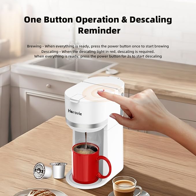 Horavie Mini Single Serve Coffee Maker for K-Cup Pod and Ground Coffee, Fast Brew One Cup Coffee Machine with Descaling Reminder and Viewing Tank, 6 to 12 oz. Brew Sizes, White - Image 5