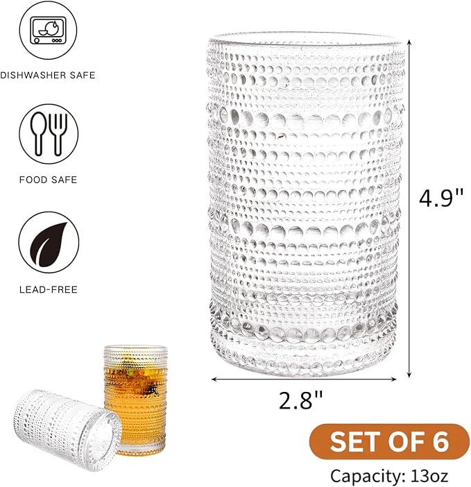 ZOOFOX Set of 6 Vintage Drinking Glasses, 13 oz Clear Hobnail Glasses Tumbler, Embossed Design Glassware for Beverages, Water, Juice, Beer, Cocktail, Whiskey and Milk - Image 2