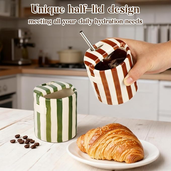 Cute Ceramic Espresso Coffee Mug with Sip Hole,10oz Novelty Retro Hand-Painted Porcelain Travel Cup,Brown & White Striped Art Design,for Hot & Cold Drinks,Gift for Iced Latte Matcha Lover - Image 3