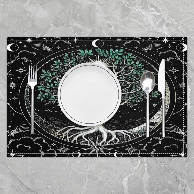 Feelyou Boho Exotic Tree Placemats Set of 4 for Girls Boys Kids 18"x12" Bohemian Botanical Placemat for Kitchen Dining Table Decor Indoor Outdoorative Sun Moon Table Place Mats, Galaxy Astrology Space - Image 2