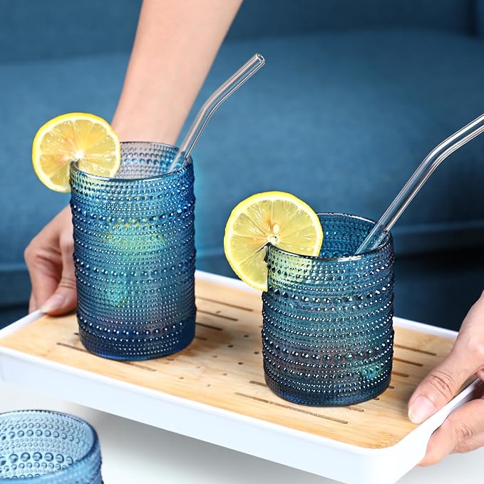 KMIGRUAN Large Hobnail Drinking Glasses Set of 6, 15oz Blue Vintage Glassware, Embossed Glass Cups, Water Tumbler, Highball Glasses For Beer, Juice And Various Mixed Drinks - Image 7