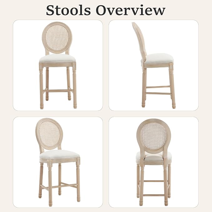 French Country Barstool, Linen Farmhouse Counter Height Chair | Set of 6, with Rattan Round Back and Solid Wood Legs, Oval Chairs for Restaurant, Bar, Kitchen, Café, Beige - Image 6