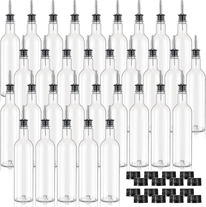 25 oz Plastic Long Neck Bottle with Stainless Steel Leakproof Tapered Spout Pourer and Cap Syrup Alcohol Juice Coffee Liquor Container for Home Christmas Party Bar Service Bartending Supplies(32 Pack)
